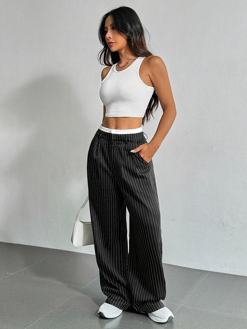 Product Introduction of Women's High-Waist Striped Wide-Leg Blazer Pants - Navy Blue & White Vertical Stripes, Polyester, Casual Style, Machine Washable, Spring/Summer/Fall Wear, Versatile Legwear | Wideleg Design | Glossy Texture, Wide Leg Pants 9