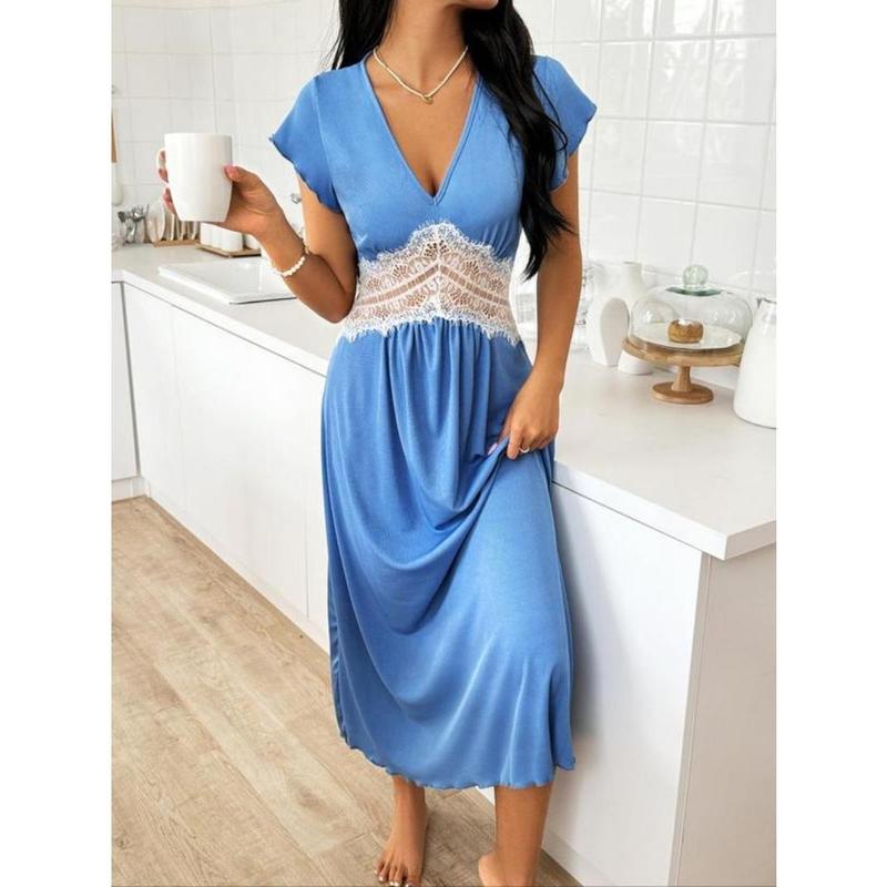 Women's Plain Contrast Lace Sheer Butterfly Sleeve Nightdress, Elegant Lettuce Trim V Neck Cap Sleeve Nightgown, Soft Comfy Sleepwear for Women 3