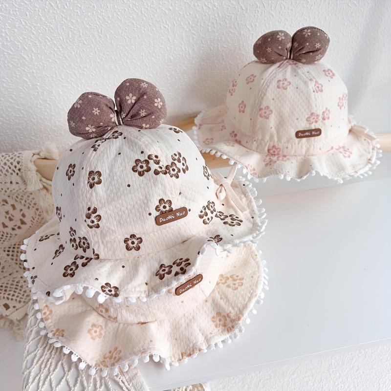 Youngsters's hat spring and summer Korean style pull cord boy/girl fisherman hat, bow lace princess bucket hat, beach hat, cute and adorable sun protection windproof hat with adjustable size 6