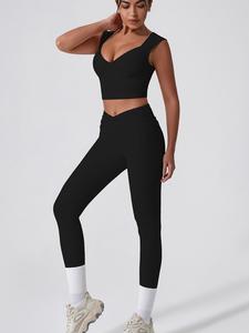 Women's Solid Crop Top & High Waist Leggings Tracksuit Set, Sporty Casual Breathable Comfortable Outfits for Yoga Gym Workout Running, Ladies Sportswear for All Seasons
