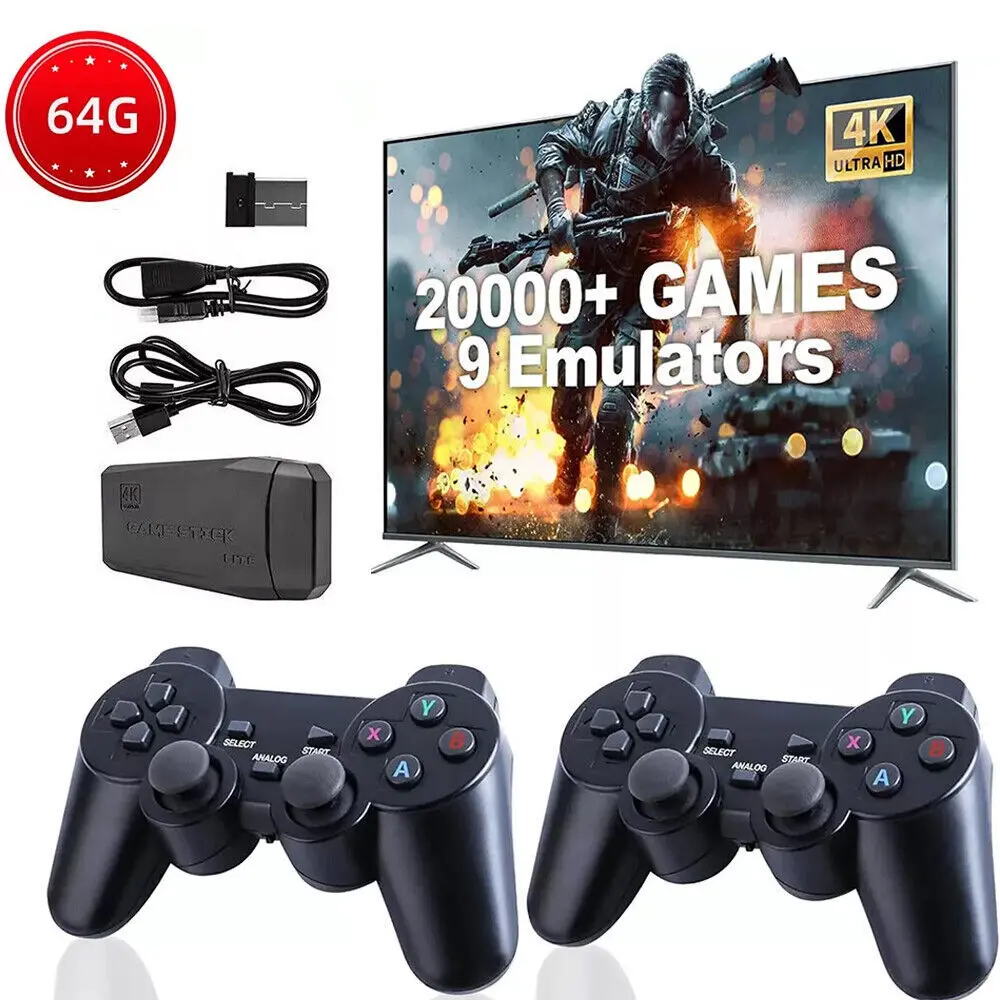 4K HDMI Retro Game Stick Console Plug Play 20000+ Games 2 Wireless Controllers