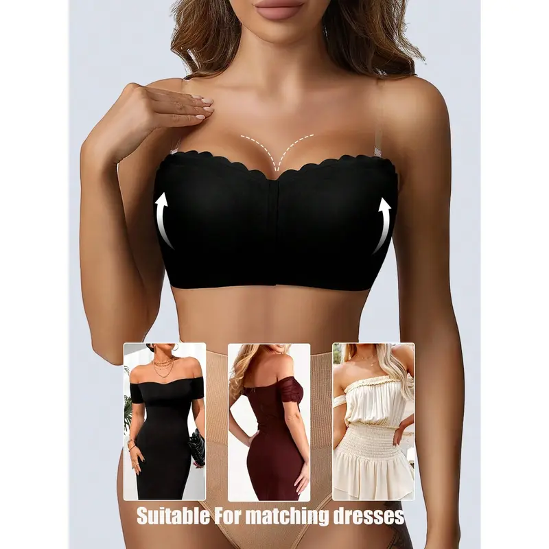 Women Front Closure Strapless Bra Push Up Wireless Sexy Tube Top Removable Padding Adjustable Bandeau Intimates Lingerie Basic Tube Bras Non Slip Silicone Soft Fabric Underwear Transparent Shoulder Straps Comfortable[S12] 0