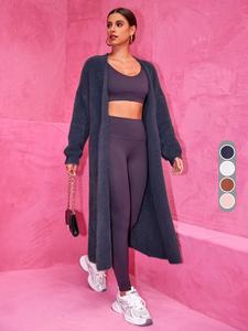 Women's Solid Color Drop Shoulder Longline  Fuzzy Coat, Casual Long Sleeve Open Front Outerwear for Fall & Winter, Women's Clothing for Daily Wear