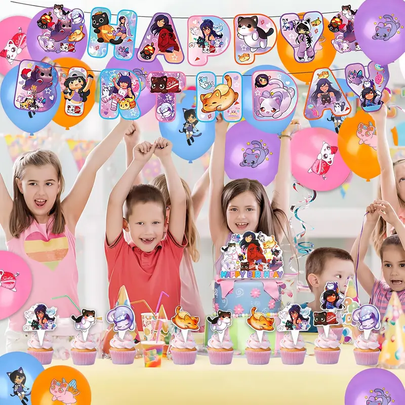 Cat Birthday Party Decoration, Cartoon Theme Party Decoration Supplies Birthday Party Supplies Set Including Cake Topper, Cupcake Topper, Latex Balloons, Happy Birthday Banner for Kids Boys Girls 2