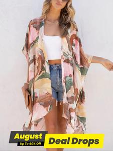 Women's All Over Floral Print Batwing Sleeve Kimono, Casual Open Front Split Side Kimono, Ladies Summer Swimwear for Beach Vacation Holiday, Womenswear, Clothes for Women, Shirt