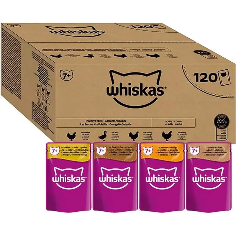 Whiskas 7+ Senior Wet Cat Food Pouches, 120 x 85 g, Jelly, Bulk Cat Food Megapack, 120 Pouches