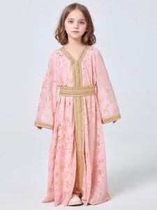 Girl's All Over Print Dress with Belt, Modest Long Sleeve V Neck Dress for Party Holiday Wedding Guest, Kids Clothes for All Seasons, Casual Dress