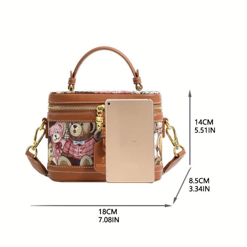 Bolso Tipo Cubo para Mujer con Diseño de Oso de Peluche - Elegante Bolso Cilíndrico con Correa de Hombro Ajustable, Cierre de Cremallera y Herrajes en Tono Dorado en Rosa Brillante/Marrón Claro/Azul, Bolso Casual | Diseño Juguete | Correa Decorativa 5