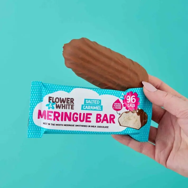 Flower & White Low Calorie Salted Caramel Meringue Bars- 10/15 Bars - 96 Calories Per Bar, Vegetarian, Gluten-Free