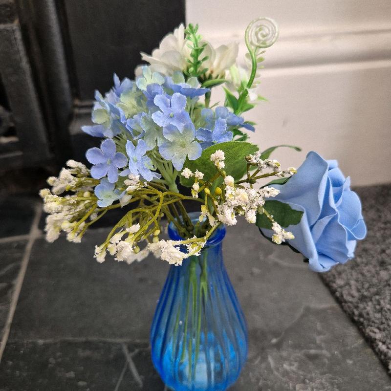 Mini Blue and Lilac Faux Flowers Artificial Ornaments in Vase - Decorative Home Gift - Plants bud vases 5