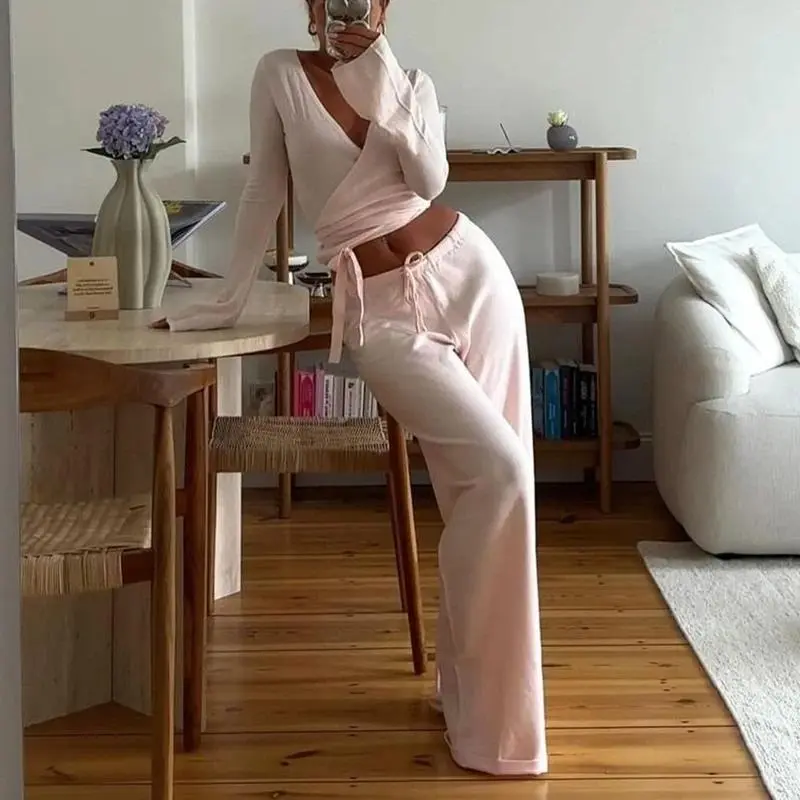 Ladies Fashion Lounge Set Vintage 2-piece V-neck tie T-shirt + stretch waist pants Autumn long sleeve crop top