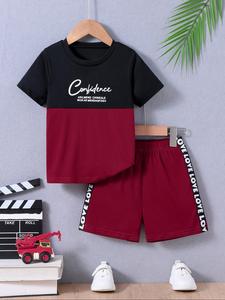 Two-Piece Set Toddler Boy's Letter Print Short Sleeve Tee & Side Stripe Sweatshorts, Casual Round Neck T-shirt & Elastic Waist Shorts, Summer Clothes for Kids
