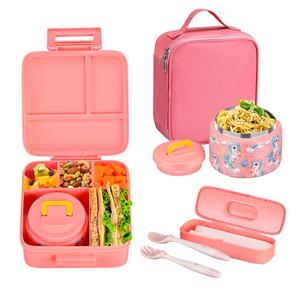 Household Essentials Kids Durable Bento Box with Cutlery & Insulated Bag, 1 Count Portable Cartoon Plastic Bento Lunch Box with 5 Compartment for School, Munch Box, Kitchen Gadgets, Thermal Lunch Boxes, Leakproof Insulated Lunchbox, Meal Prep Organizer