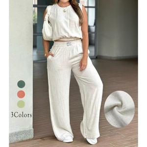 - Set for Women Solid Color Vest and Wide-Leg Pants Set, Casual Fashion Comfortable Breathable - Set Suitable for Daily Outdoor Wear, Women's Summer Clothing Set Simple Style Women's Wear Womenswear Gamis spotlight   2  pcs travel  fit     outfit