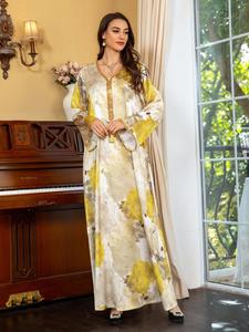 Arabic Clothing-Women's Colorblock Leaf Print Tassel V Neck Arabian Dress, Elegant Rhinestone Decor Long Sleeve Long Dress for Party Daily Wear, Women's Islamic Clothing for All Seasons