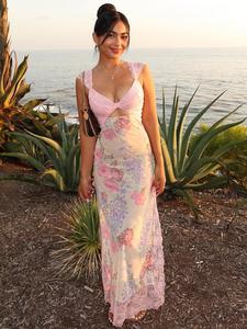 Women's Ditsy Floral Print Lace Insert Dress, Summer Clothes Women, Casual Boho Elegant Fashionable Sleeveless Long Dress for Beach Holiday Vacation, Ladies Summer Clothes, Sundresses, Holiday Dresses, Casual Trendy Boho