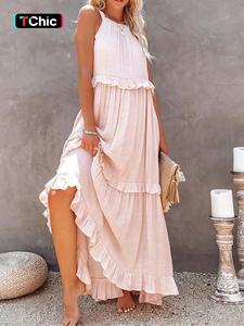 Women's Plain Ruffle Trim Tiered Layer Dress, Casual Formal Sleeveless Maxi Dress for Summer Beach Holiday Vacation, Ladies Clothes for All Seasons, Womenswear, Basic Asymmetrical Ruffle Dress