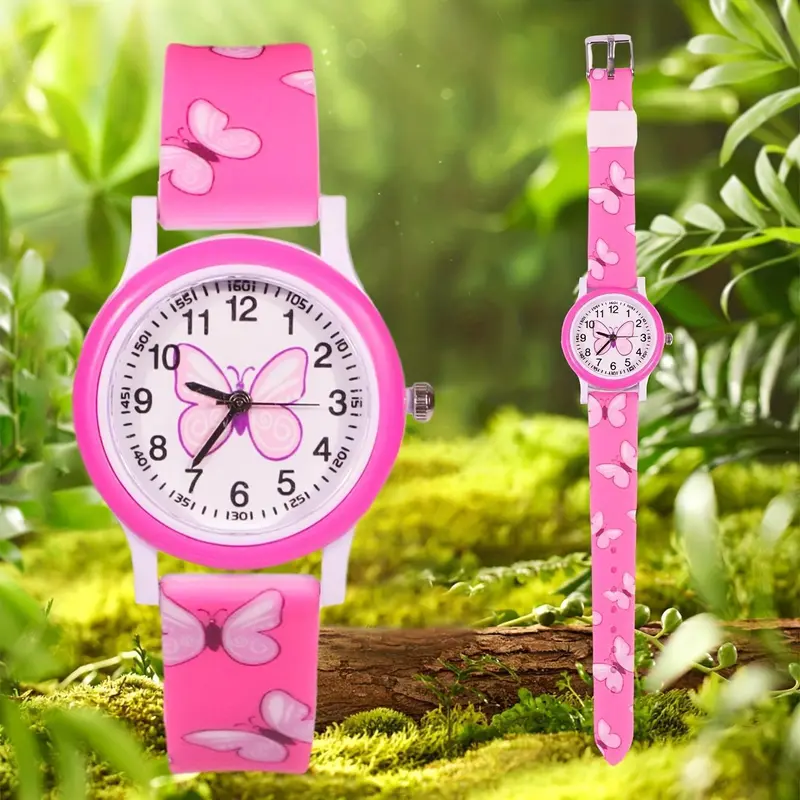 Chic White Butterfly Quartz Watch - Cute Pink Butterfly Design, Round Dial, PVC Strap, Non-Waterproof, Battery Operated, Resin Case, Perfect for Casual Wear 2