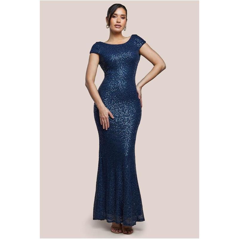 Goddiva Cowl Back Sequin Maxi Dress - Navy 0