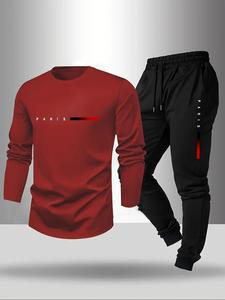 Two-Piece Set Men's Solid Color Long Sleeve Tee & Pants Set, Regular Fit Round Neck Top & Trousers, Casual Fashion Cozy Breathable Men Two-piece for All Seasons, Fall outfit