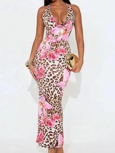 Women's Floral &  Leopard  Print Bodycon Dress, Fashion Casual Sleeveless Long Dress for Daily Outdoor Wear, Women Dress for Summer