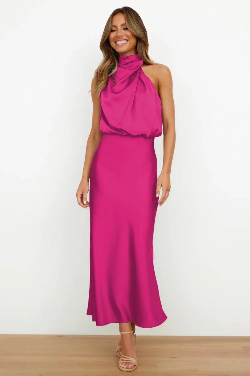 Product Introduction of 2025 Spring/Summer Long Dress for Women High Waist Halter Satin Sleeveless Dress Fashion Elegant Solid Evening Party Dresses 5