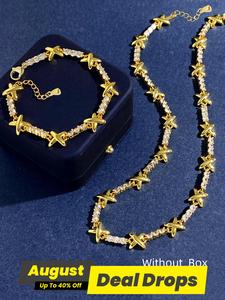 Women's Elegant Rhinestone Decorated Necklace & Bracelet, Exquisite Trendy Matching Maximalist Jewelry Set, Chic Jewelry Set As Gift for Girlfriend