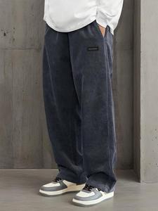 Men's Letter Patched Drawstring Waist Corduroy Pants, Loose Casual Comfy Straight Leg Trousers for Fall & Winter, Men's Bottoms for Daily Wear