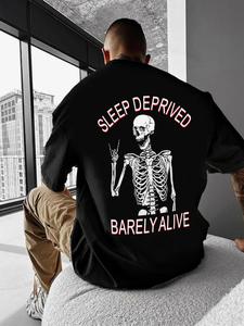 Men's Skeleton & Letter  Print Round Neck Tee, Loose Casual Comfy Fashion Short Sleeve Crew Neck T-shirt for Summer, Men's Top for Daily Wear, Halloween