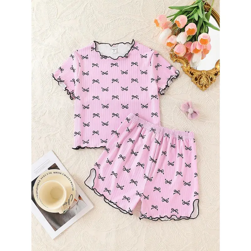 Tween Girl 2pcs Set Cute Butterfly Print Short Sleeve Top And Shorts Pajama Set, Home Wear 0