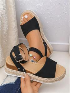 Women's Black Color Wedge Casual Espadrille Sandals, 2025 Casual Comfortable Lightweight Strappy Sandals for Summer, Lightweight All-match Flatform Shoes for Daily Wear, Boho Style Wedge Sandals, Footwear