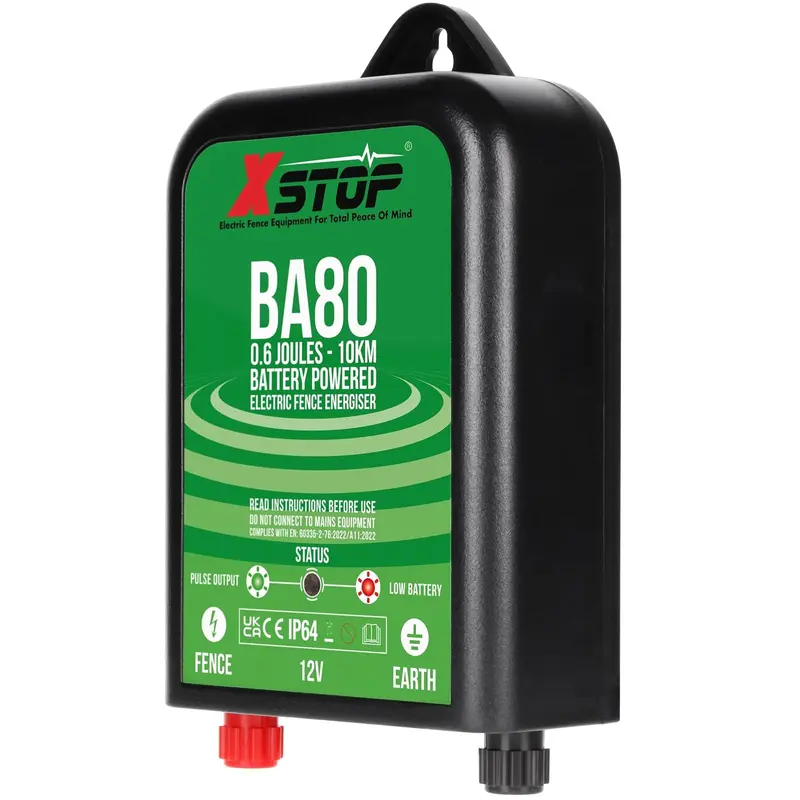 12 Volt Battery Powered Electric Fence Energiser XSTOP BA80 10Km Range, 0.6 Joule Output, Weatherproof Kit Includes Leads and Earth Stake. For Horses and Other Animals 6