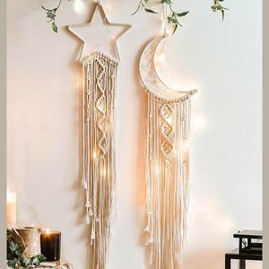 Tassel Dream Catcher Hanging Ornaments, 1 Set Hand Woven Lace Stars Moon Dreamcatcher Wall Hanging Decor without LED Lights, Hangable Wall Art for Home Interior Wall Decor