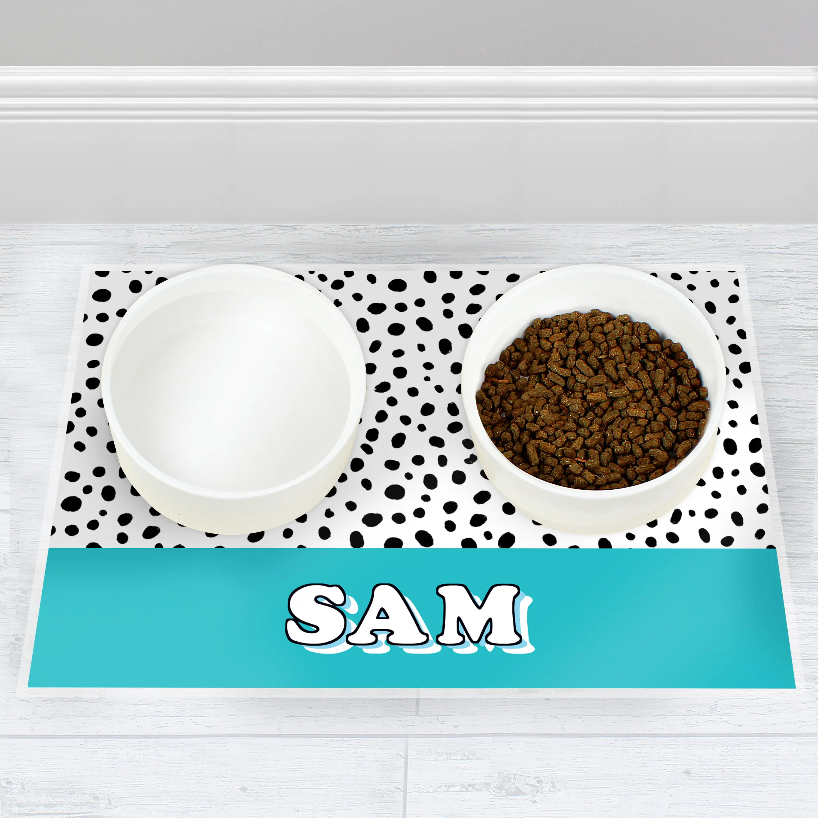 Personalised Pink/Blue Spots Dog Pet Bowl Mat