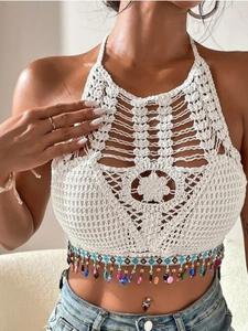 Women's Beaded Tassel Decor Cut Out Backless Halter Crop Cami Top, Boho Style Tassel Trim Tie Back Cover Up Top For Summer, Women's Knit Top For Beach Vacation Holiday