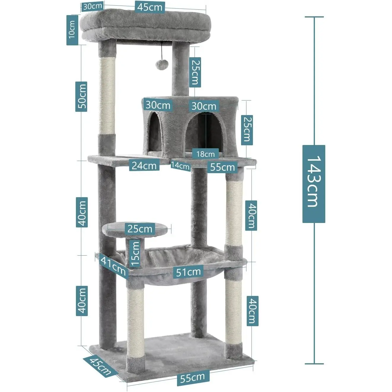 Cat Tree, Big Cat Tower, Activity Center stable and sturdy, Cat Tree with hammock and lovely Cat House Grey 143cm/56.2"