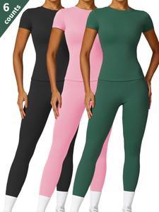 Women's Solid Round Neck Tee & High Waist Leggings Tracksuit Set, Sporty Breathable Comfy Short Sleeve T-shirt & Skinny Pants Set for Yoga Gym Workout Running, Ladies Sportswear for All Seasons