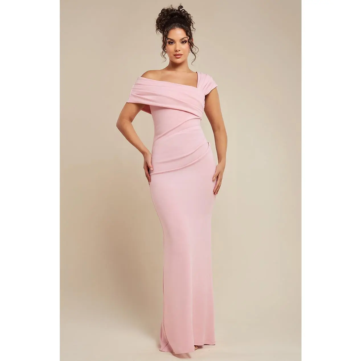 One Shoulder Scuba Crepe Evening Maxi Dress - Blush Pink by Goddiva
