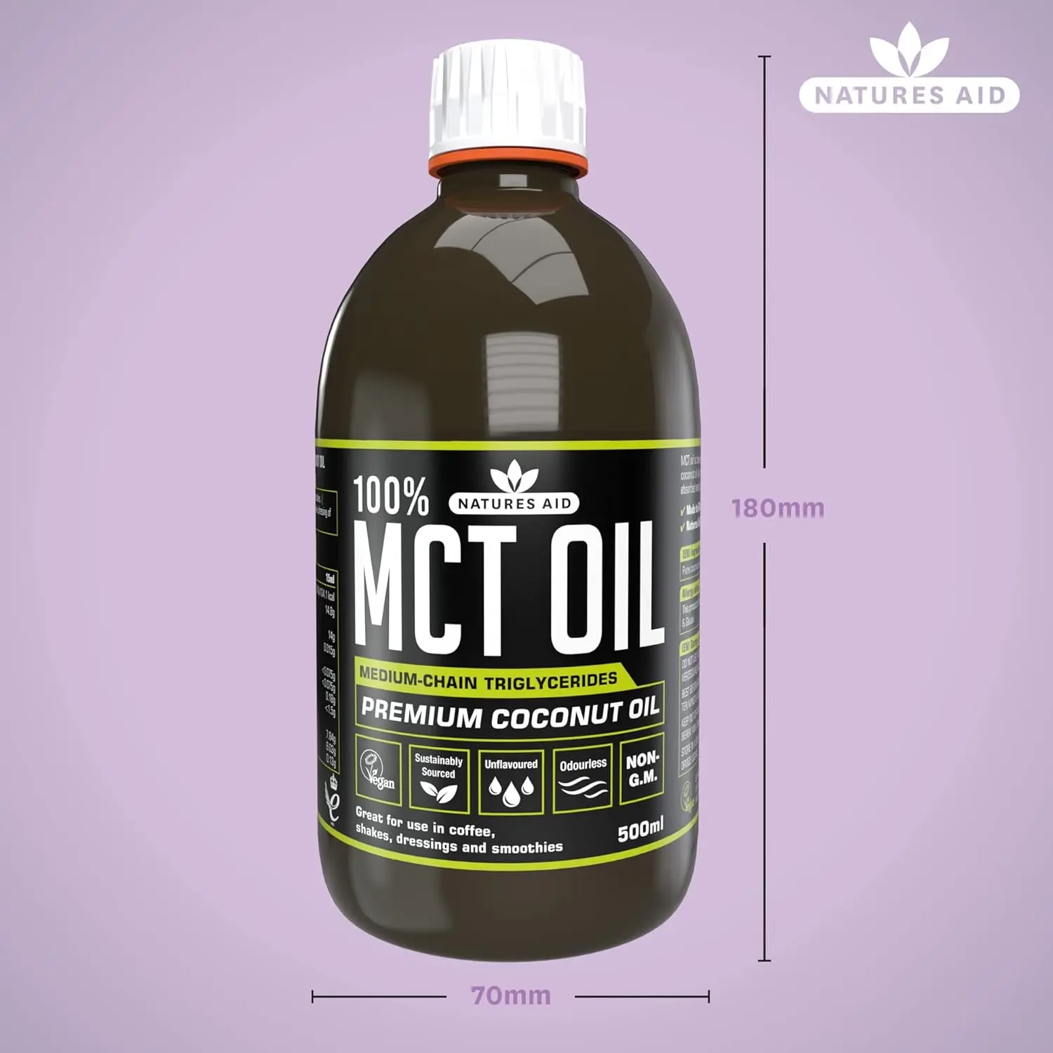 Nature's Aid 100% MCT Oil, Premium Coconut Oil, Sustainably Sourced, Perfect for Coffees or Shakes, Vegan, 500ml