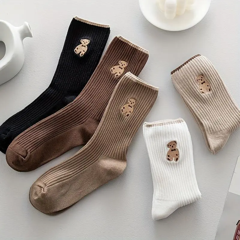 Bear Pattern Socks, Cute & Breathable Mid Tube Socks, Women's Stockings & Hosiery