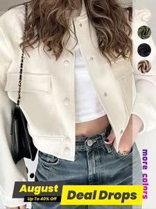 Women's Plain Flap Pocket Crop Bomber Jacket, Casual Basic Long Sleeve Button Front Varsity Jacket, Ladies Outerwear for Daily Wear