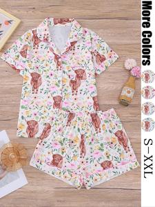 Women's All Over Cow Print Top & Elastic Waist Shorts Pyjama Two-piece Set, Casual Comfy Short Sleeve Top & Shorts Pj Set, Ladies Sleepwear for All Seasons, Matching Pj Set