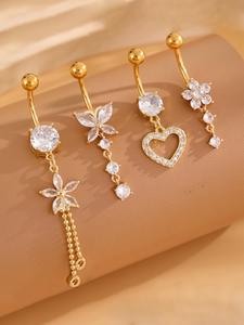 Women's Elegant Rhinestone Decorated Belly Rings, Cute Heart & Butterfly & Flower Design Belly Piercing Jewelry, Fashion Body Jewelry for Party, Daily Decor