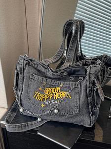 Women's Chain Decor Denim Tote Bag, Fashionable Letter & Star Pattern Crossbody Purses, Stylish Chain Bags, Casual Trendy Versatile High-quality Daily Commuting Bag, Fashionable Shoulder Bags, Vintage Bag