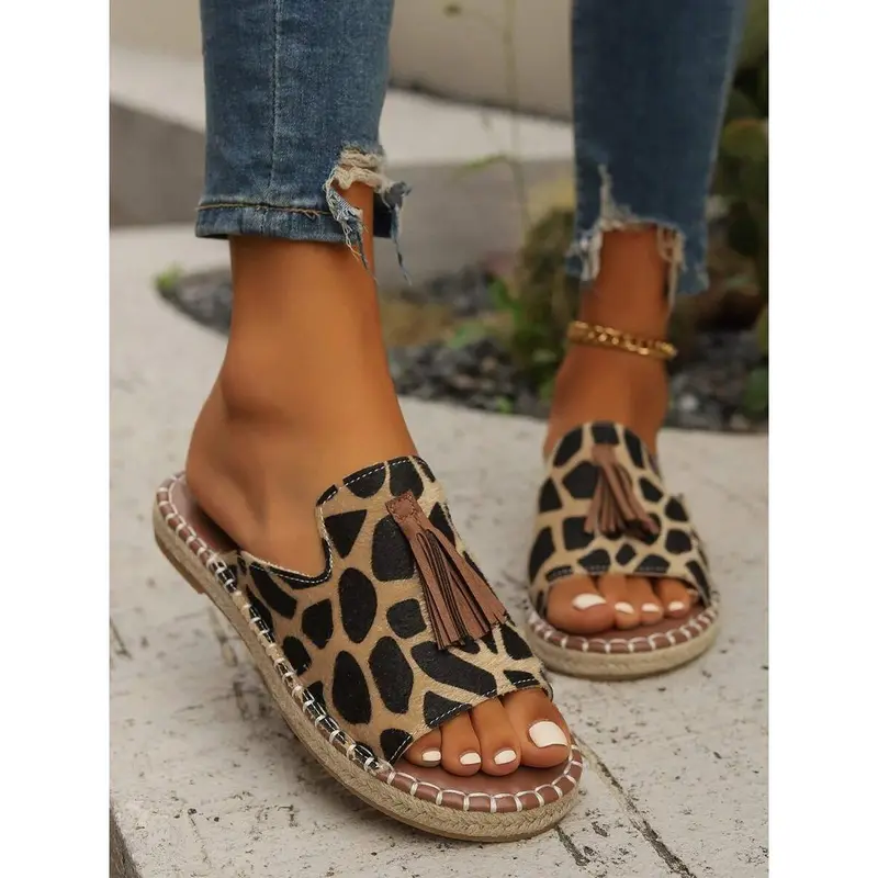 Women Fringe Fabric Summer Sandals Brown Peep-Toe Slippers 0
