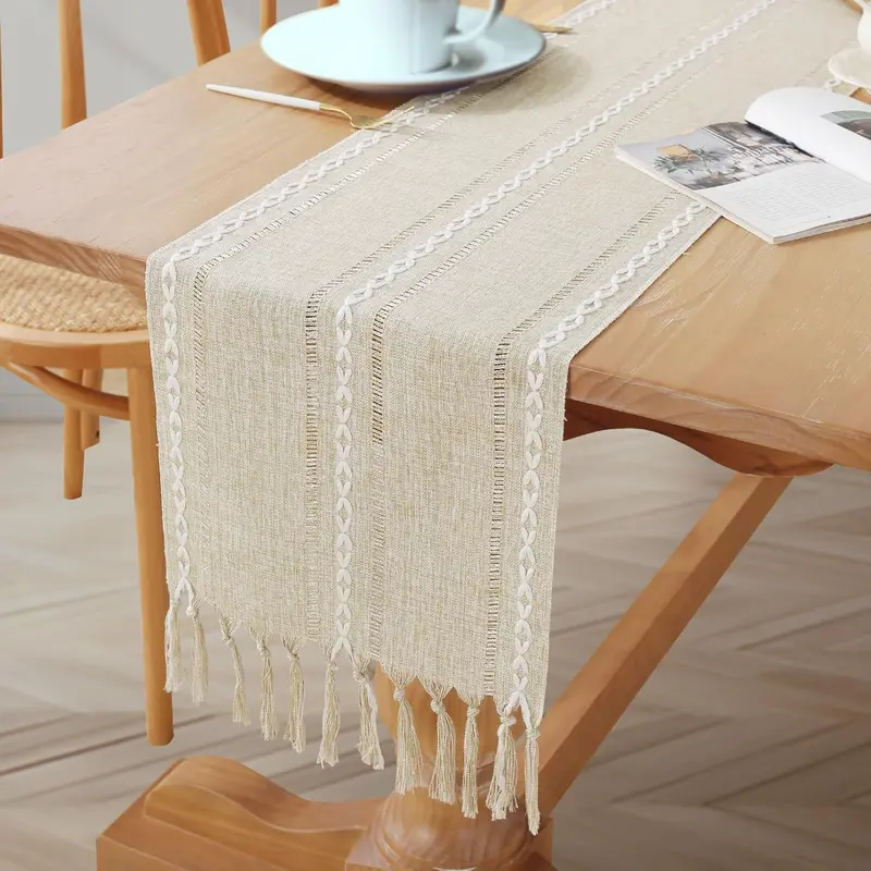 Table Runner Handmade with Tassels, Farmhouse and Rustic Boho Style, Handwoven Linen in Cream Ivory for Dining Table, Kitchen, Weddings Decoration, 183x33 cm 4
