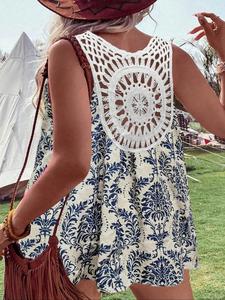 【Plus Size】 All Over Print Lace Trim Knit Top, Casual Sleeveless Round Neck Top for Summer, Women's Plus Clothing for Daily Wear