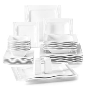 MALACASA, Dinner Sets for 6 People, Series Mario, 28/30-Piece White Porcelain Dinner Set, Microwave Safe, Dishwasher Safe, Chip resistant dinner set