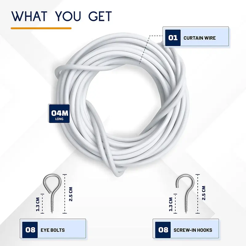 Dikots Curtain Wire and Hooks Set - 4M Kit with 8 Eyes & 8 Hooks - Multipurpose for Net Curtains 5