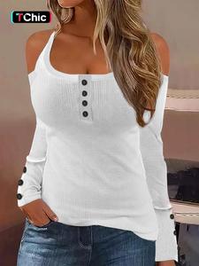 Women's Plain Button Cold Shoulder Tee, Summer Clothes, Casual Long Sleeve T-shirt for Spring & Fall, Holiday Outfits, Summer Outfits 2024, Women's Clothes Top for Daily Wear